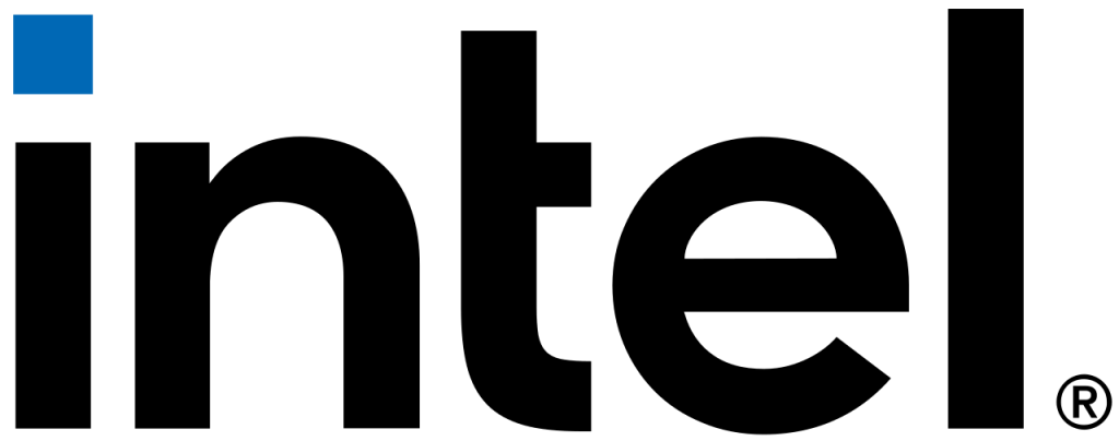 Intel logo — black Intel wordmark with a blue square above the i