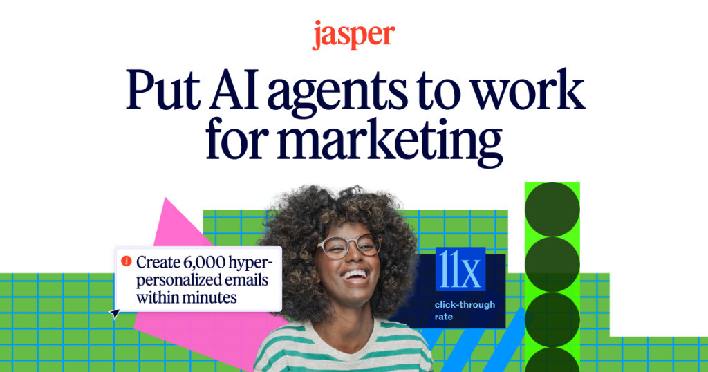 Jasper AI brand graphic with red Jasper wordmark over a colorful marketing collage