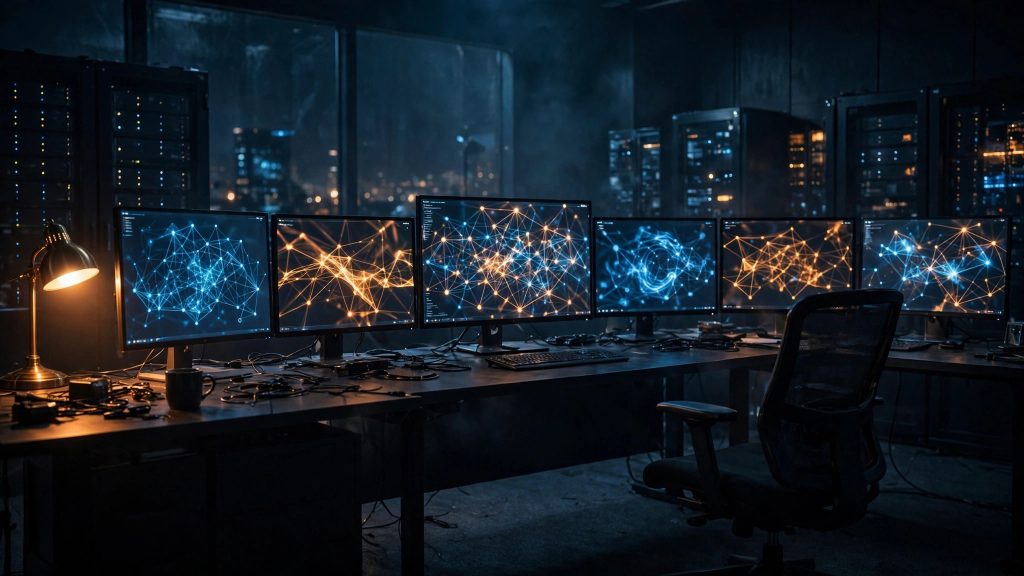 Illustrative image of a dark cybersecurity operations room with monitors showing abstract network maps