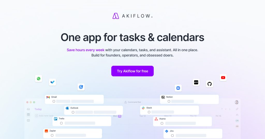Akiflow homepage hero: one app for tasks and calendars
