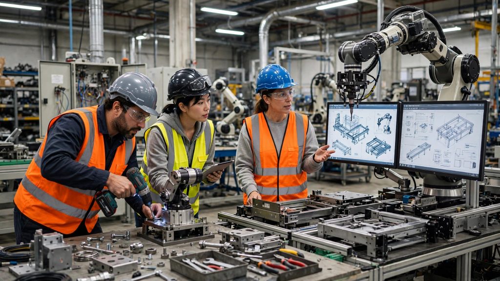 Manufacturing engineers working with a robotic arm and assembly-line plans in a factory