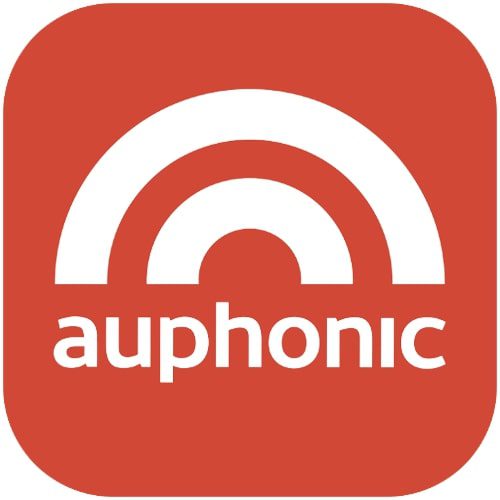 Auphonic logo - red rounded square with white sound-wave arcs and auphonic wordmark