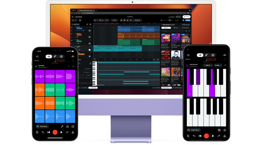 BandLab Studio app on desktop and mobile showing the multi-track editor