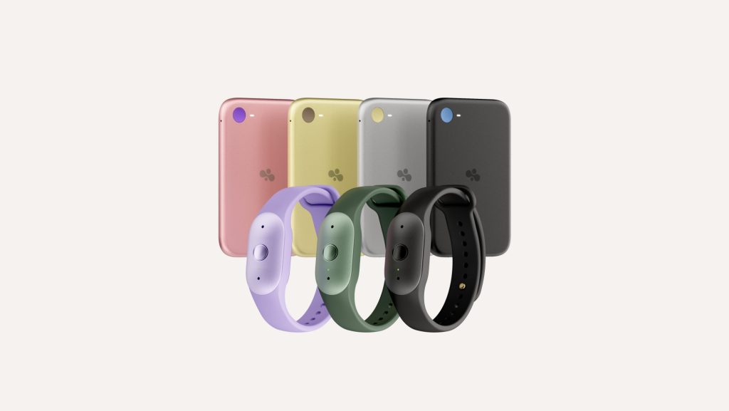 Bee Frontier AI wearables in Lavender, Sage and Onyx in front of Bee Eclipse phone attachments in Blush, Honey, Silver and Midnight