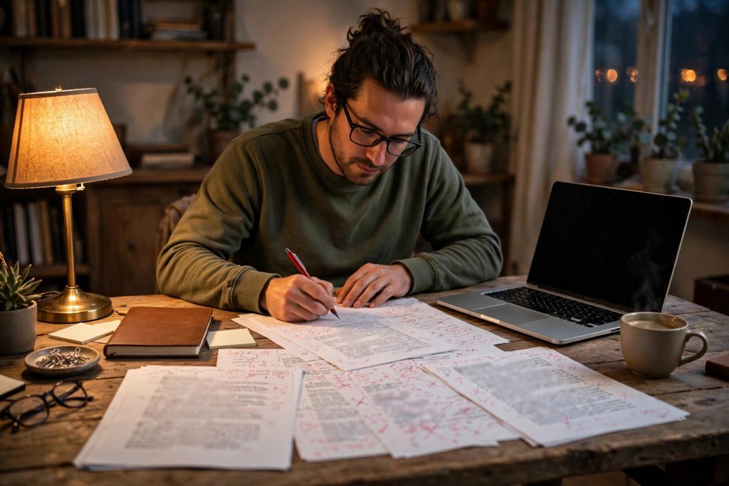 Writer editing a printed draft by hand with a red pen beside a laptop