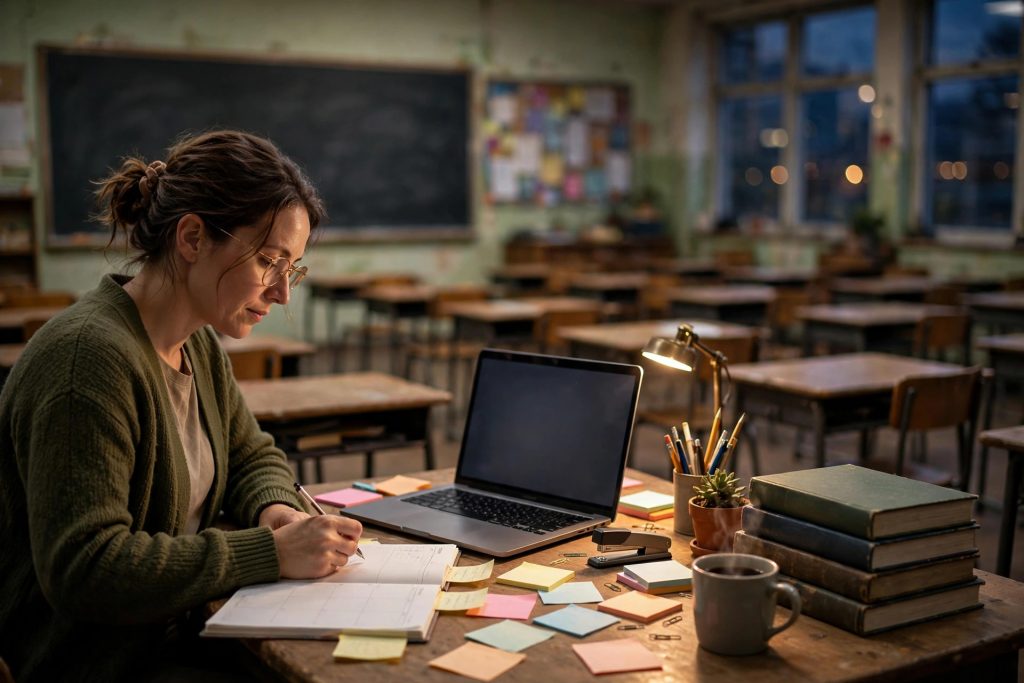 Teacher planning a lesson at her classroom desk with a laptop, planner and textbooks