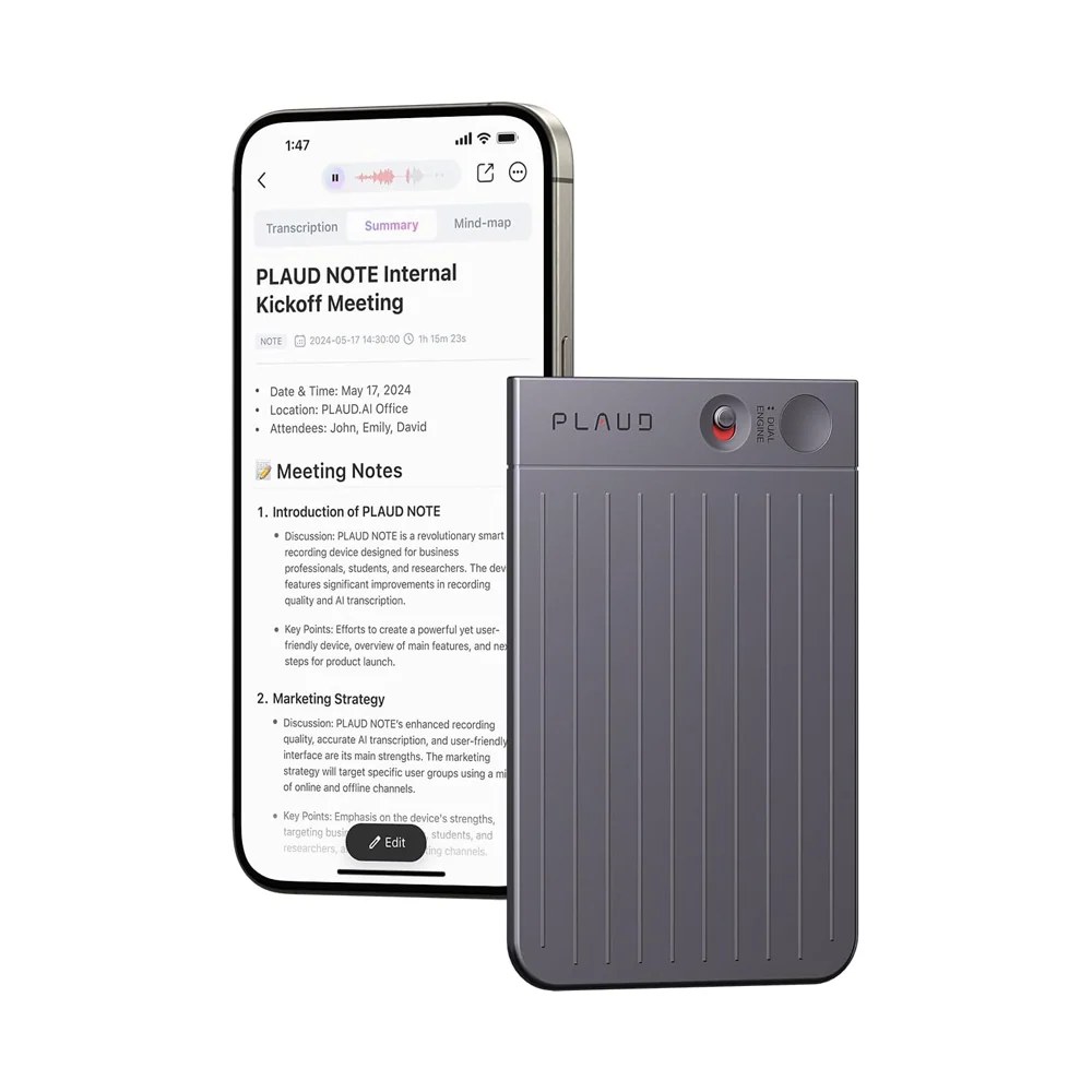 Plaud Note AI voice recorder beside a phone showing meeting transcription and summary