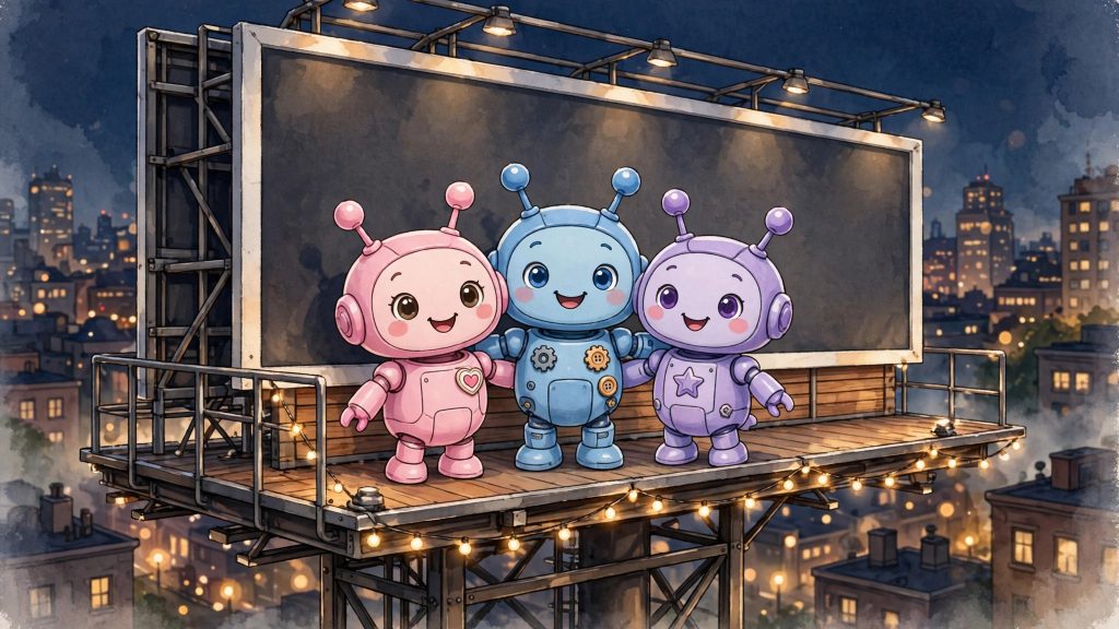 Illustration of cute AI robot mascots on a city billboard at night