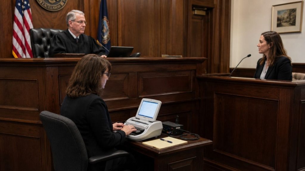 Court reporter typing on a stenograph machine during a courtroom proceeding