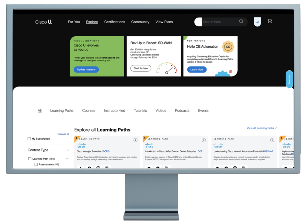 Cisco U. learning platform interface showing Learning Paths