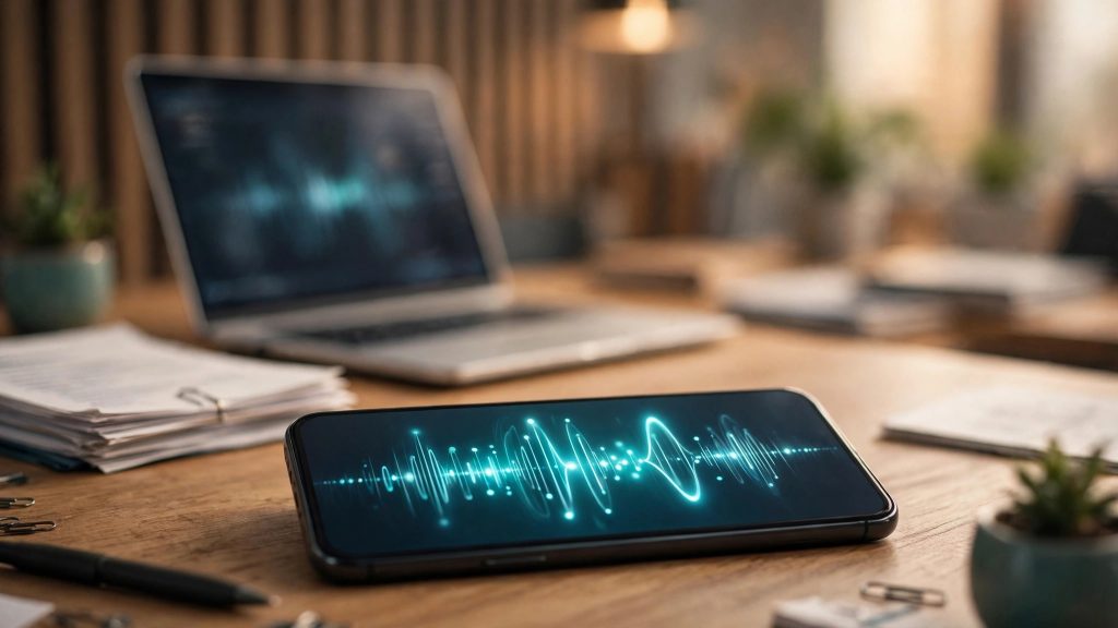 Illustration of a smartphone showing a voice waveform during an AI job interview