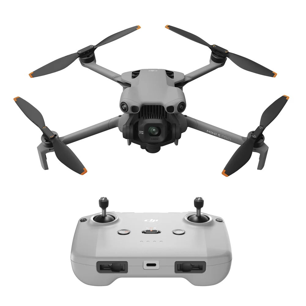 DJI Mini 5 Pro drone and RC controller on white background