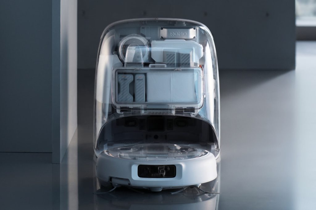 DJI Romo P2 robot vacuum with transparent base station