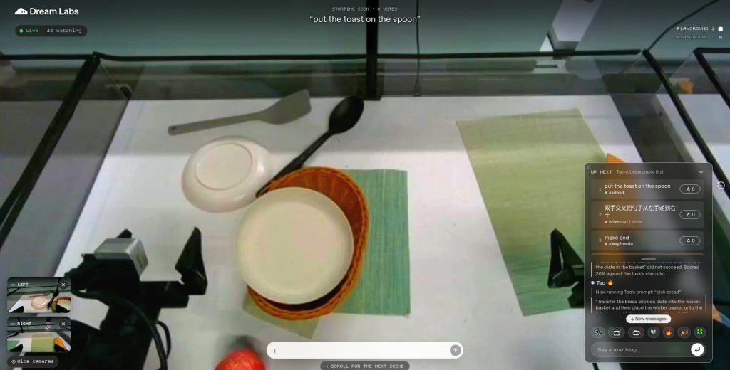 Dream Labs Robot Playground showing a robot workspace with plates and utensils
