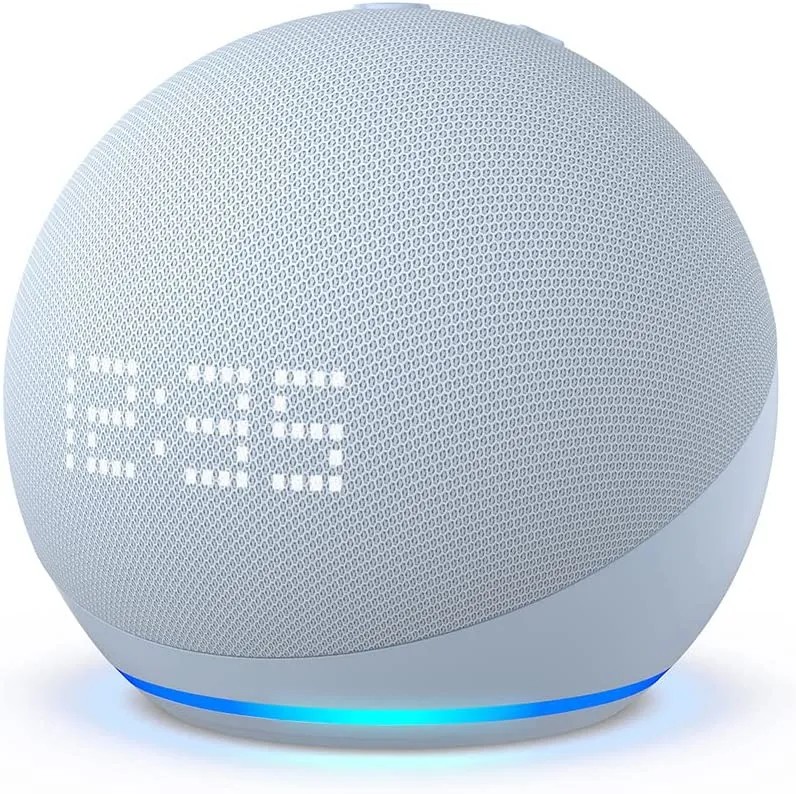 Echo Dot 5th Gen with Clock smart speaker showing LED display
