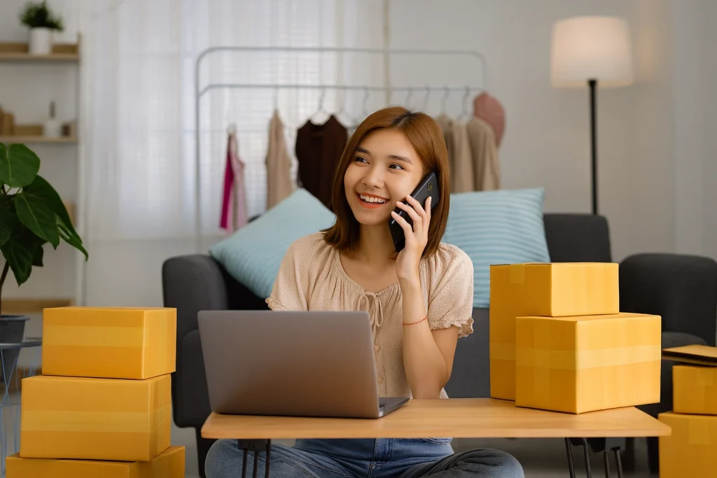 An online store owner with a laptop surrounded by shipping boxes
