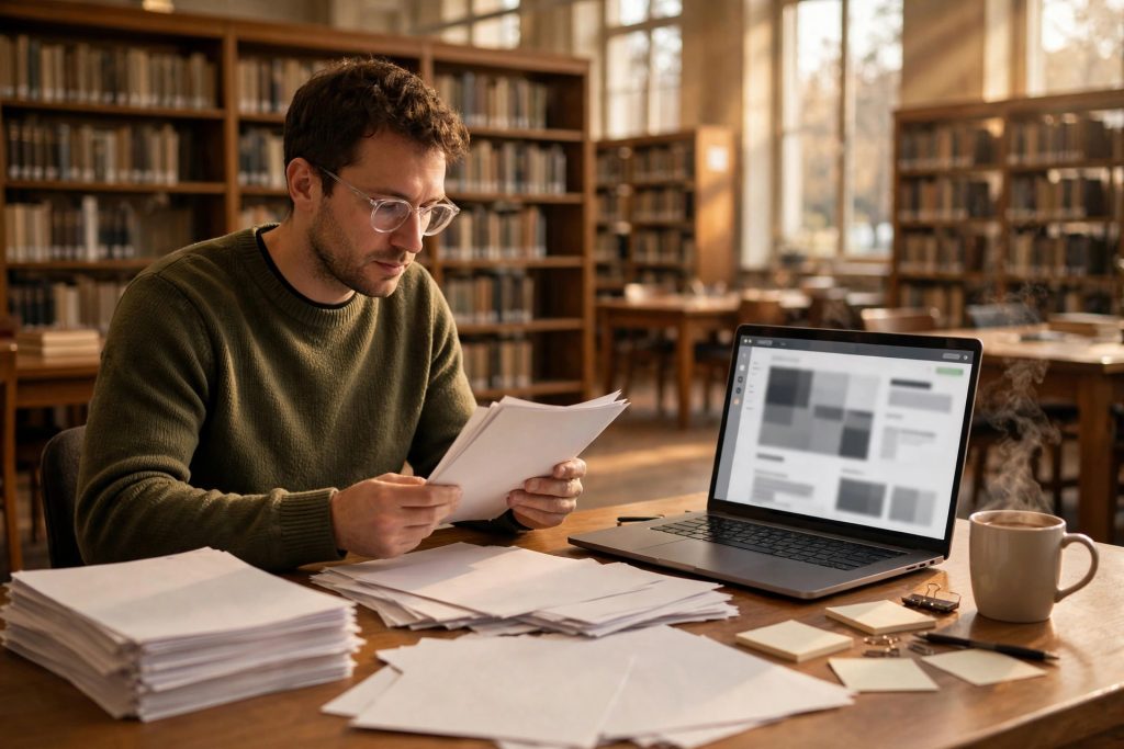 Researcher reviewing academic papers beside a laptop in a university library — Elicit vs Consensus