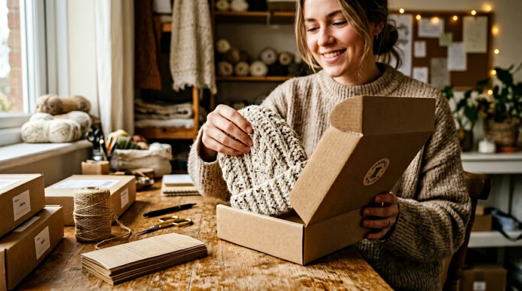 Etsy seller packing a handmade knitted hat into a shipping box