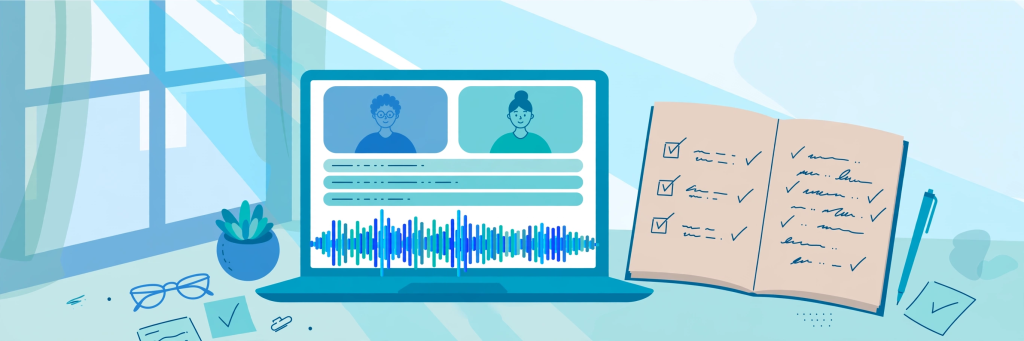 Illustration of a video call with live transcription and meeting notes