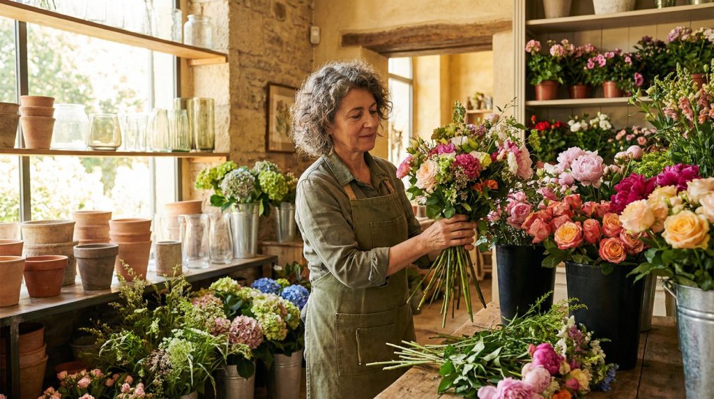 Florist arranging a bouquet of roses and seasonal flowers in a flower shop