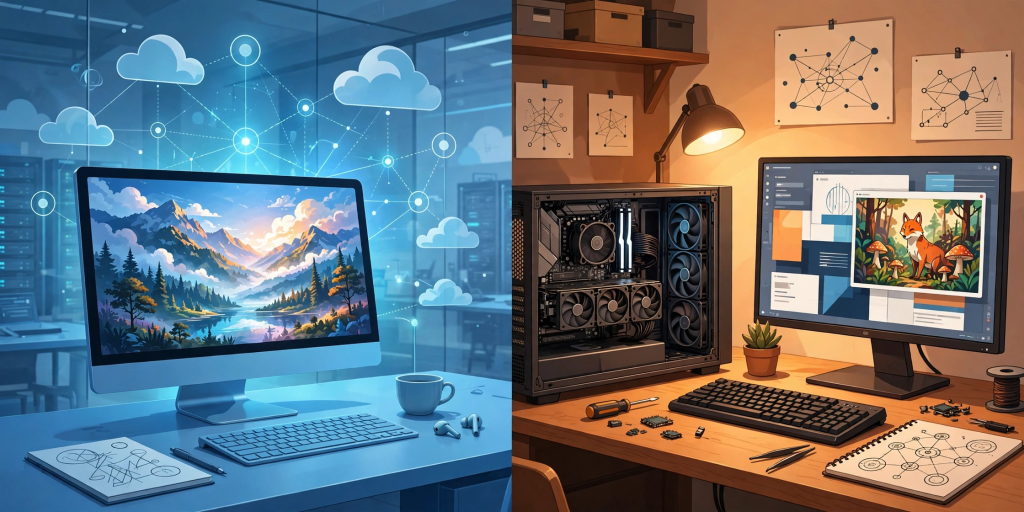 Illustration of cloud-based AI image generation versus a local GPU workstation