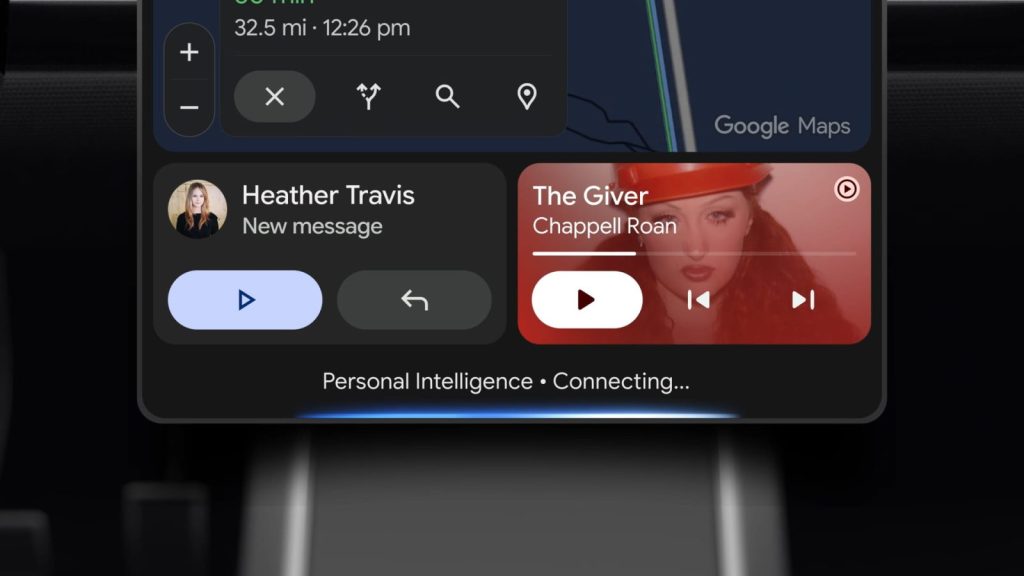 Android Auto dashboard display showing Gemini Personal Intelligence connecting, with Google Maps, a message and music on screen