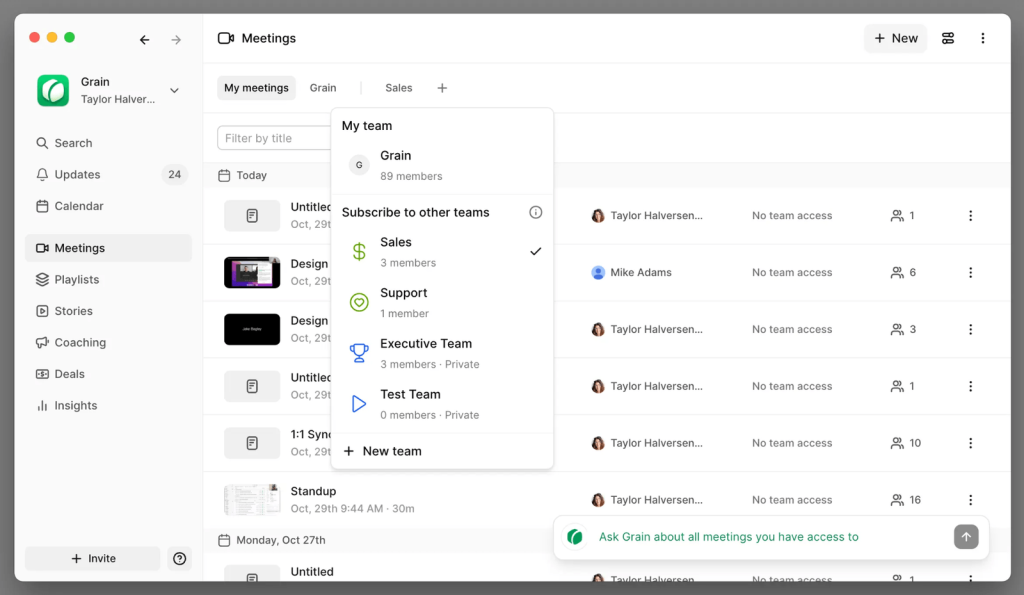 Grain AI meeting notes workspace for teams