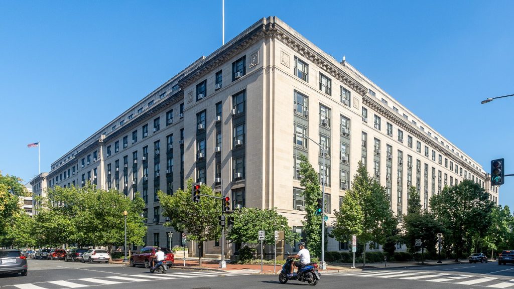 U.S. General Services Administration headquarters building at a street corner in Washington DC