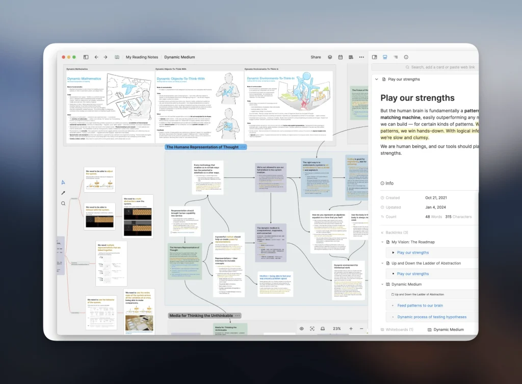 Heptabase visual whiteboard with connected note cards for research