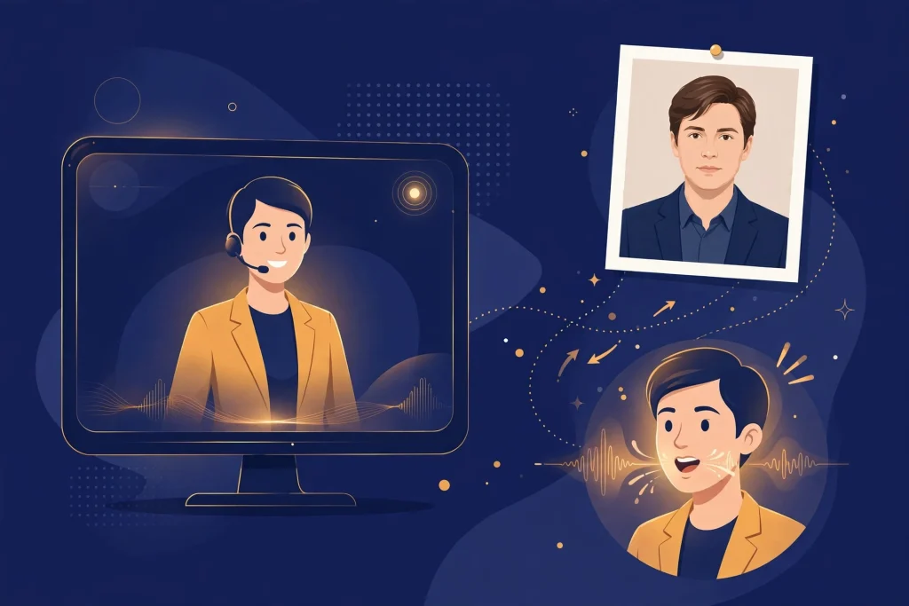 Illustration of an AI avatar presenter on a video screen next to a portrait photo