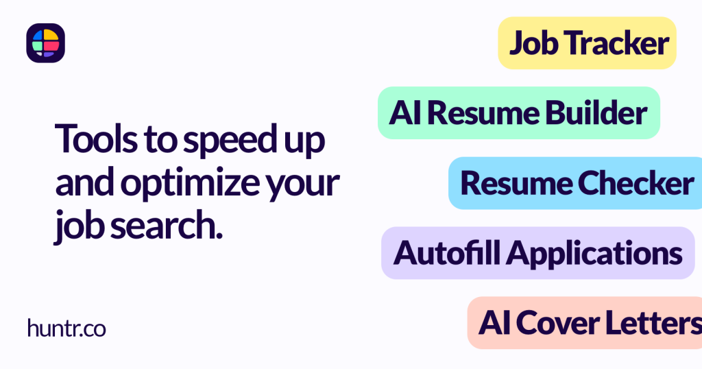 Huntr brand image showing its job search tools: job tracker, AI resume builder, resume checker, autofill, AI cover letters