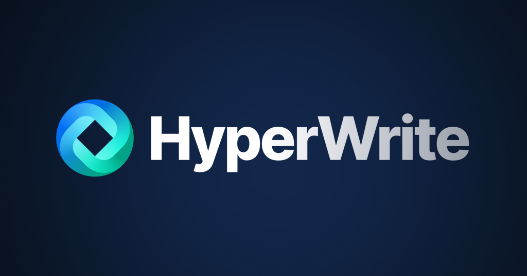 Official HyperWrite brand graphic: gradient arrow mark with HyperWrite wordmark