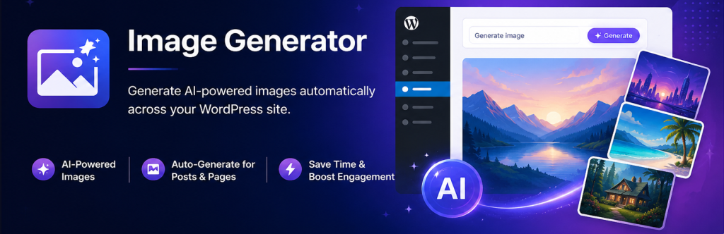 Image Generator WordPress plugin banner — AI featured images, templates and stock photos