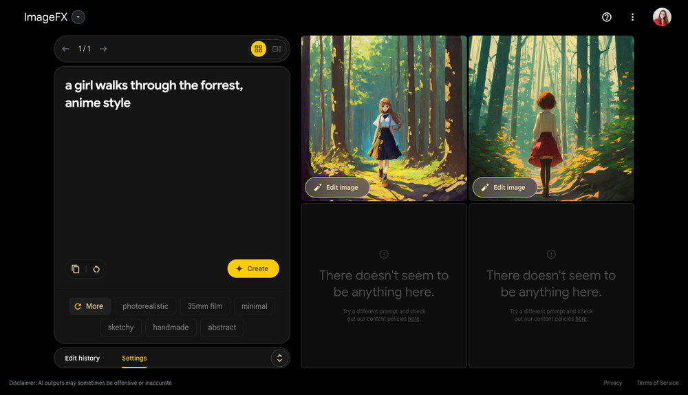 ImageFX interface showing a text prompt and AI-generated images