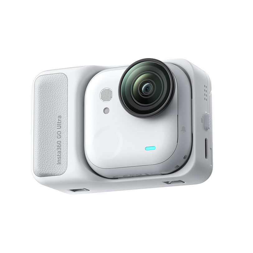 Insta360 GO Ultra camera in Arctic White docked in its Action Pod
