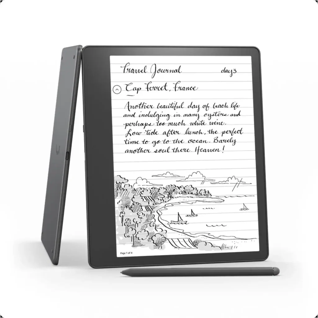 Amazon Kindle Scribe e-reader with Premium Pen showing a handwritten travel journal