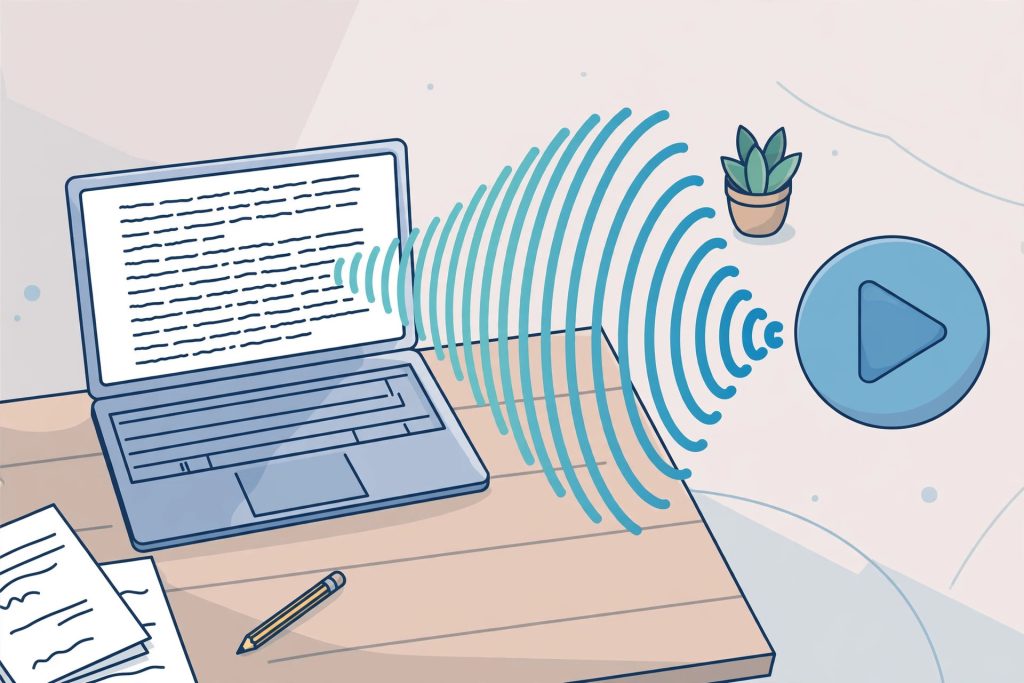 Illustration of a laptop turning written text into sound waves, representing local text-to-speech
