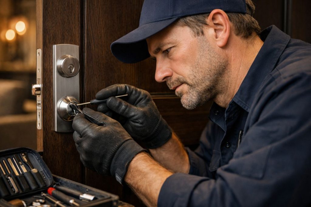Locksmith in gloves working on a door lock with locksmith tools
