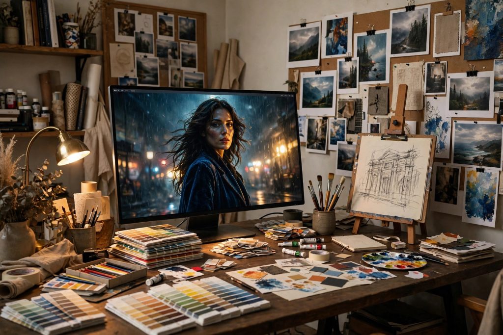 Illustration of an art director's studio with a vivid cinematic portrait on a display, color swatches and mood boards
