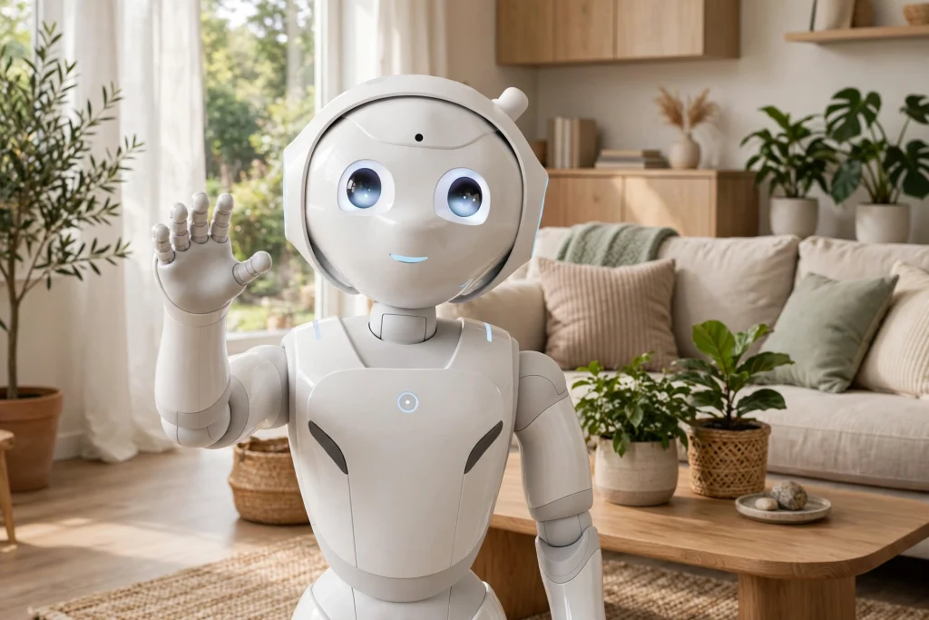 Illustrative concept of a humanoid home companion robot in a living room