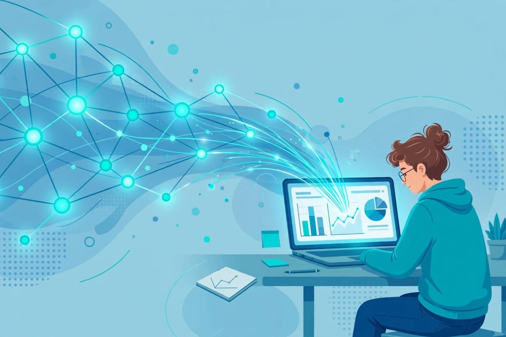 Illustration of a student learning machine learning with a neural network visualization