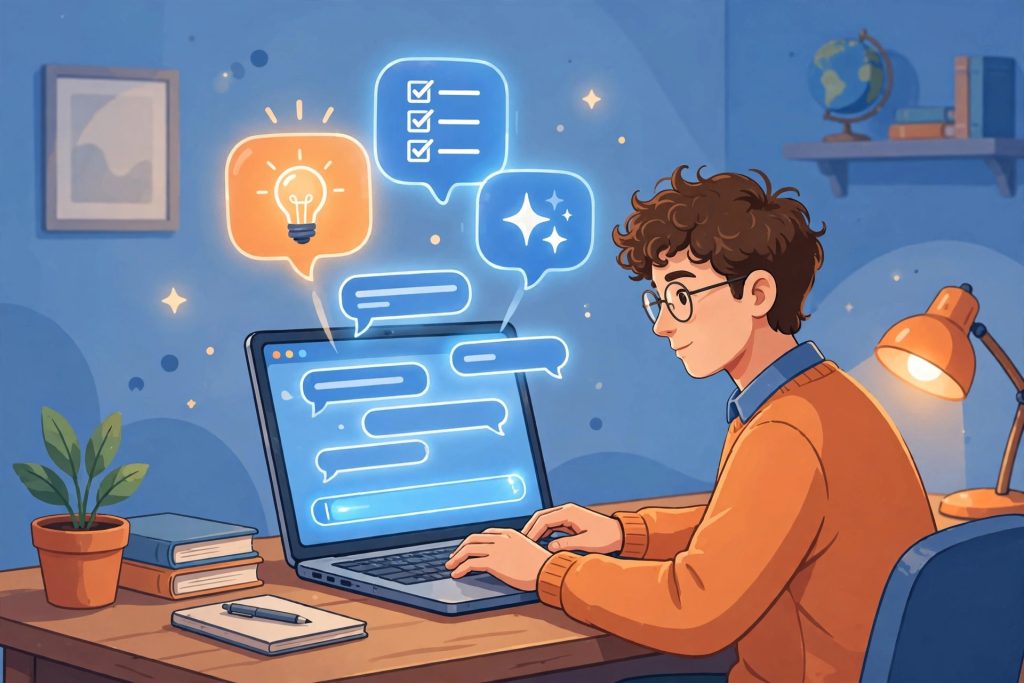 Illustration of a beginner typing a prompt into an AI chat window, for the Google Prompting Essentials review