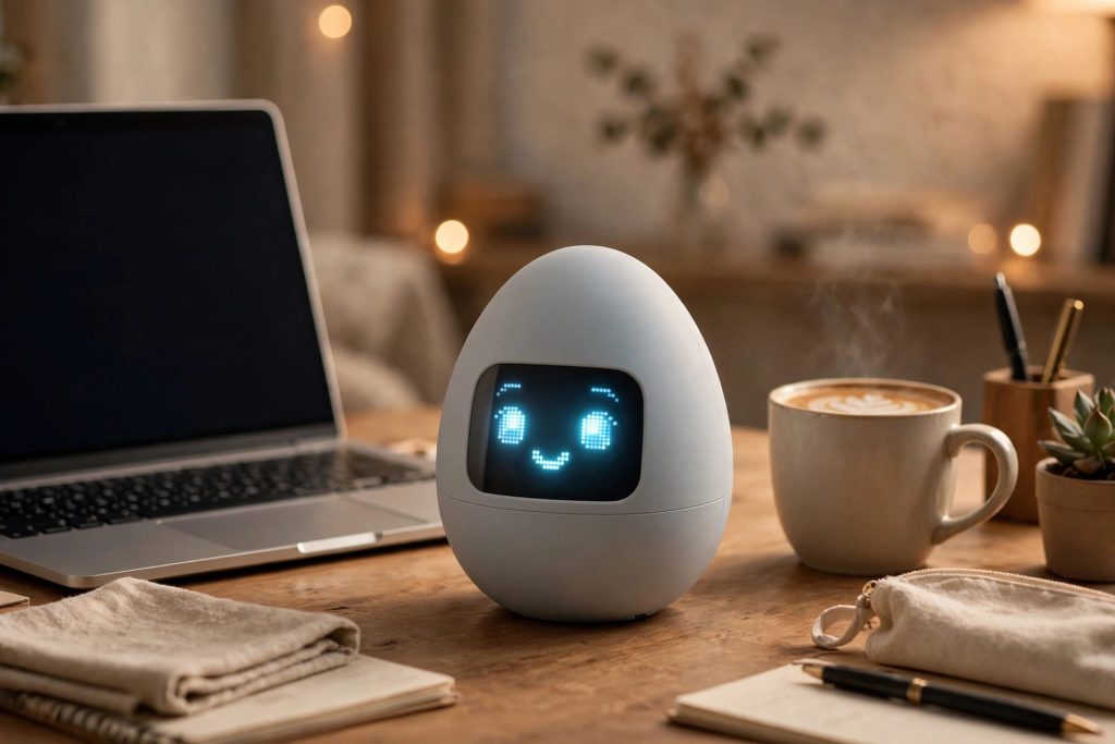 Illustrative scene of an egg-shaped AI desk companion with a glowing animated face