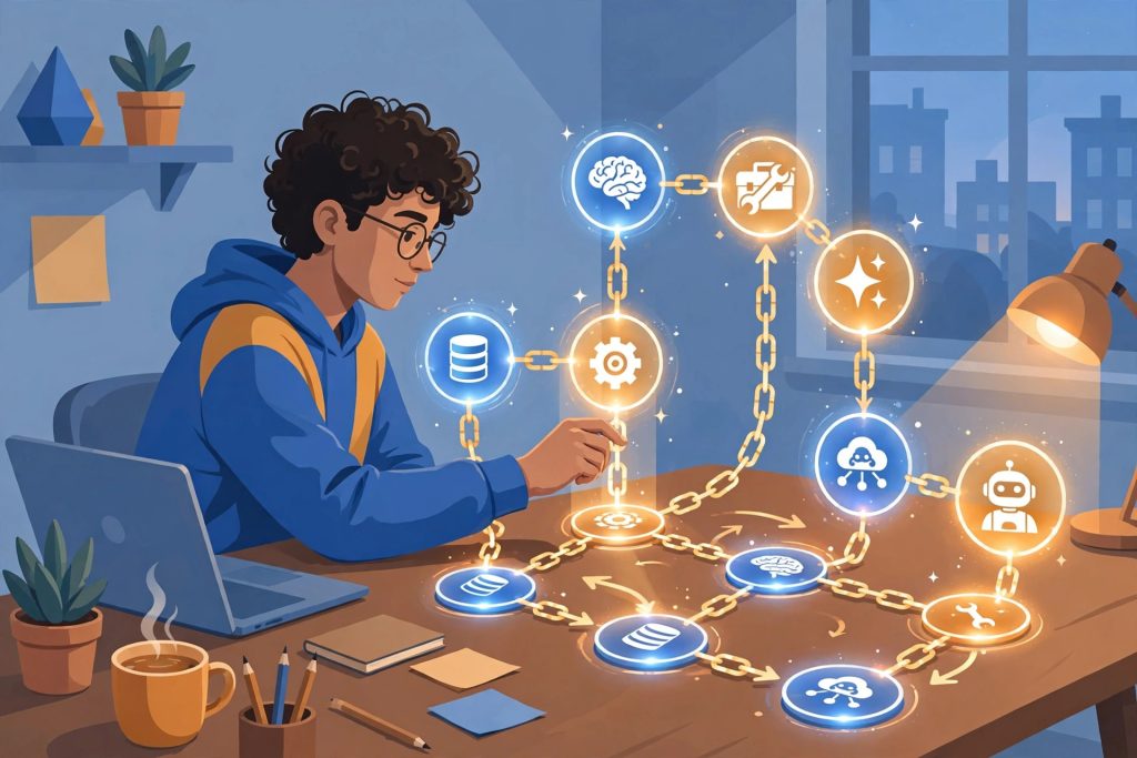 Illustration of a learner connecting glowing nodes into an AI agent workflow, for the LangChain Academy review