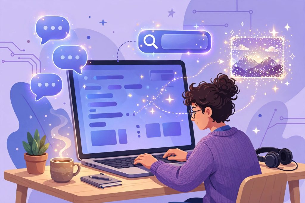Illustration of a person building a generative AI app on a laptop