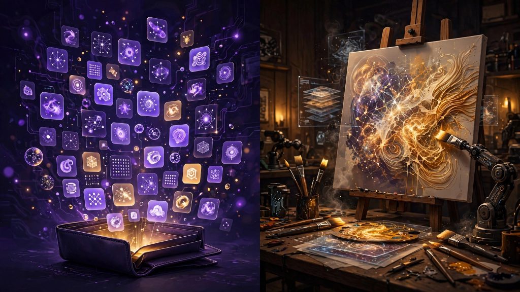 Illustration comparing a multi-model AI aggregator with a focused AI creative studio