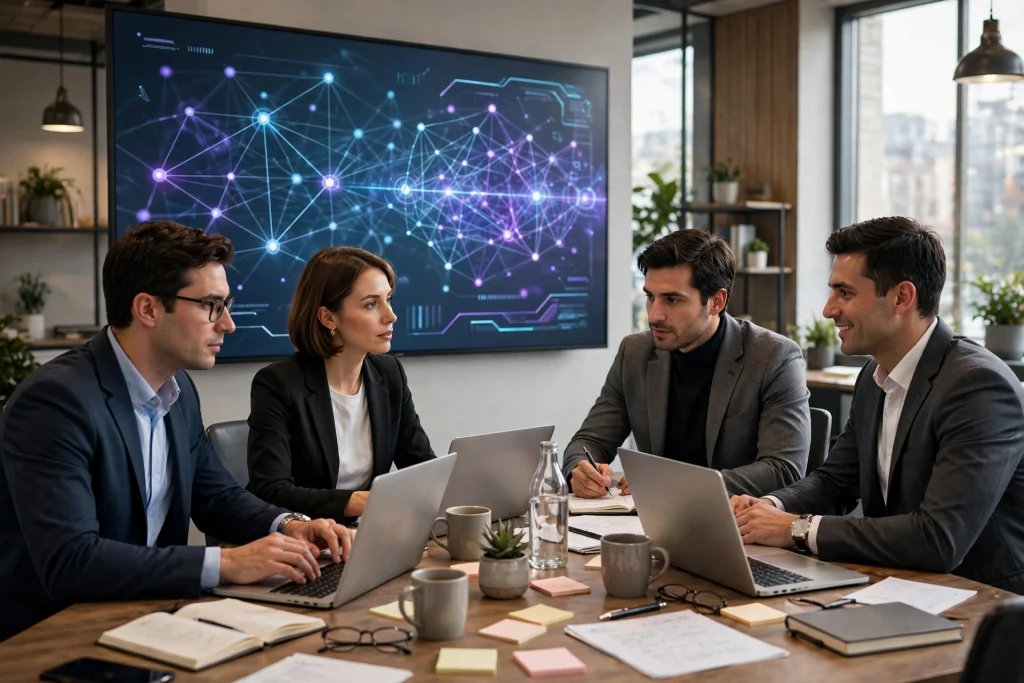 Professionals in an online AI training workshop — Section illustration