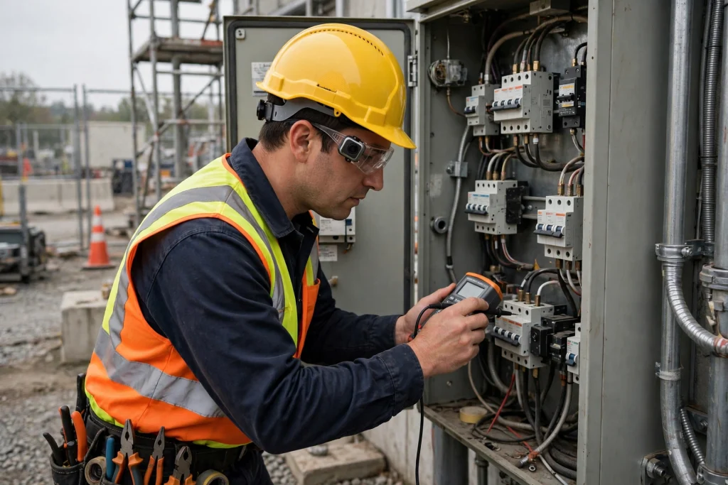 Illustrative concept of a technician wearing smart safety glasses on a jobsite