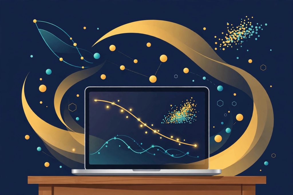 Illustration of a laptop showing machine learning experiment tracking charts, for the Weights & Biases Courses review