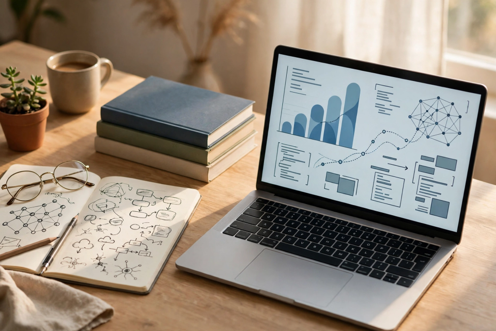Studying machine learning from ebooks at a desk with a laptop